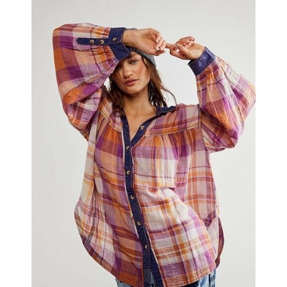 We The Free Olivia Plaid Button Down Oversized‎ Top Size Medium - Picture 1 of 11